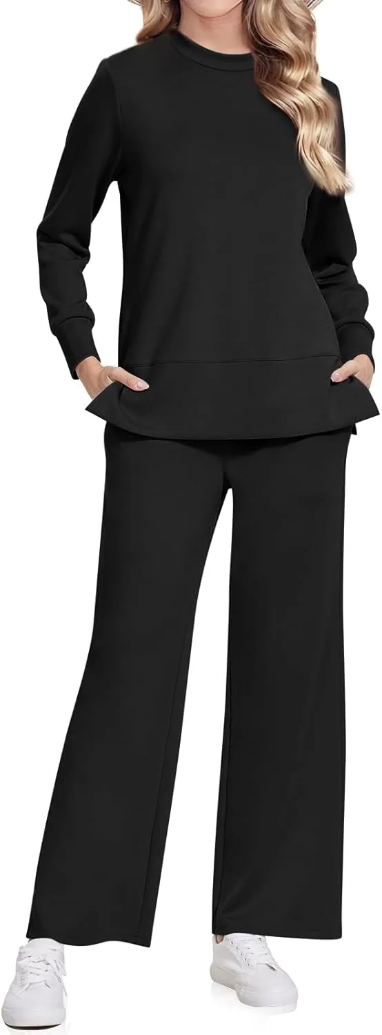 UEU Women's 2 Piece Outfits Lounge Sets Fall Long Sleeve Sweatsuits Wide Leg Pants Travel Casual Matching Tracksuit Clothes