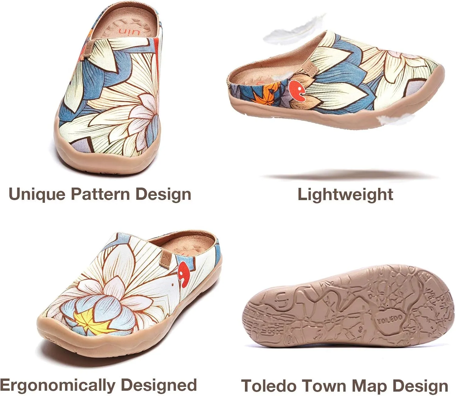 UIN Women's Slip On Mules Comfortable Flat Lightweight Wide Toe Clog Casual Art Painted Travel Shoes Malaga Series
