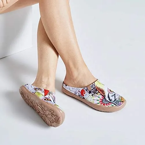 UIN Women's Slip On Mules Comfortable Flat Lightweight Wide Toe Clog Casual Art Painted Travel Shoes Malaga Series