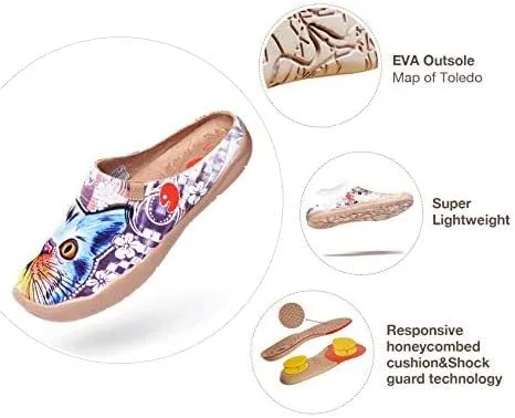 UIN Women's Slip On Mules Comfortable Flat Lightweight Wide Toe Clog Casual Art Painted Travel Shoes Malaga Series