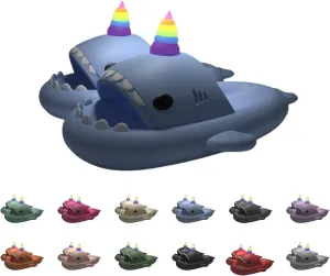 Unicorn Shark Slippers，Glowing Unicorn Fun Shark Slippers, Summer Thick-soled EVA Non-slip Quick-drying Shark Slippers, Unisex
