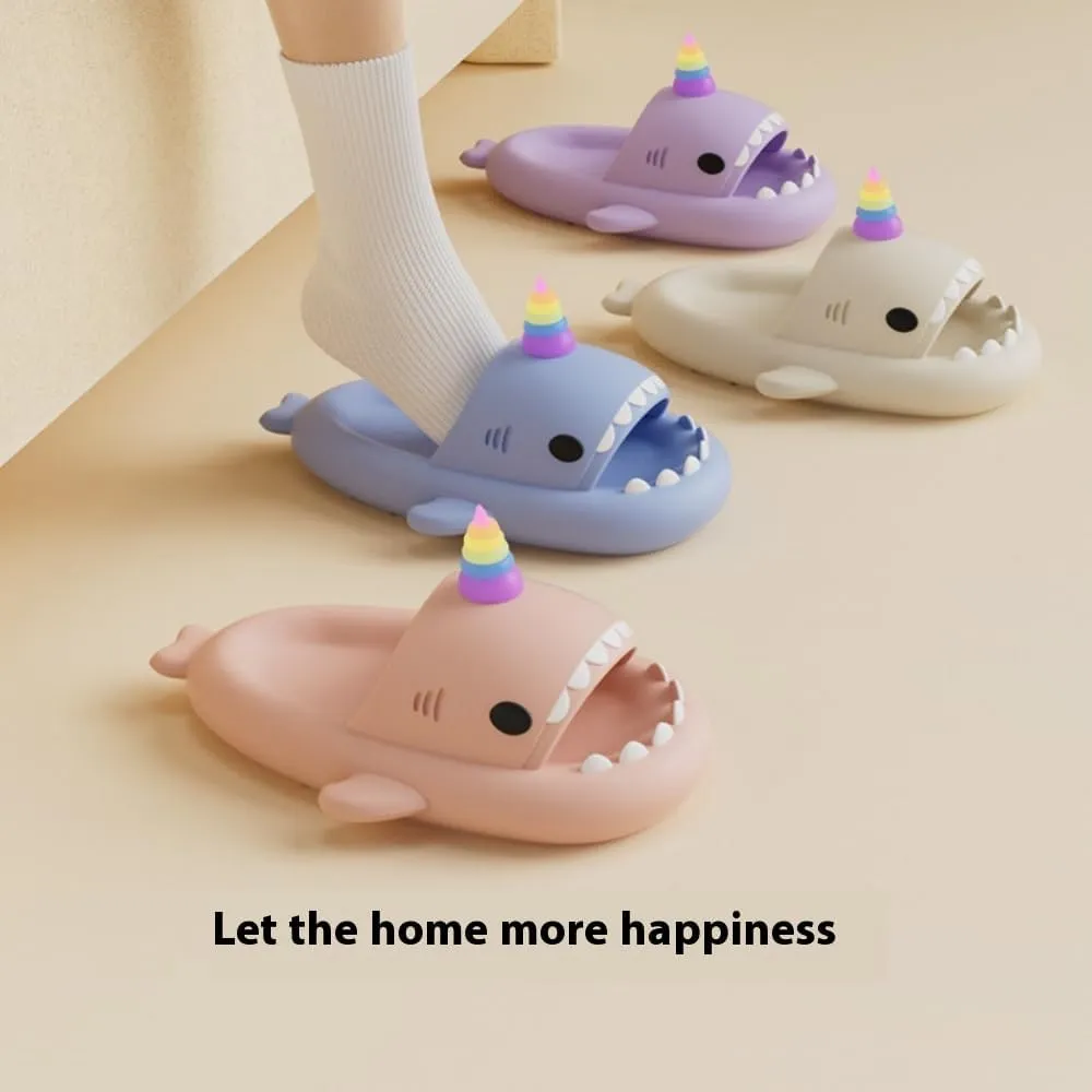 Unicorn Shark Slippers，Glowing Unicorn Fun Shark Slippers, Summer Thick-soled EVA Non-slip Quick-drying Shark Slippers, Unisex