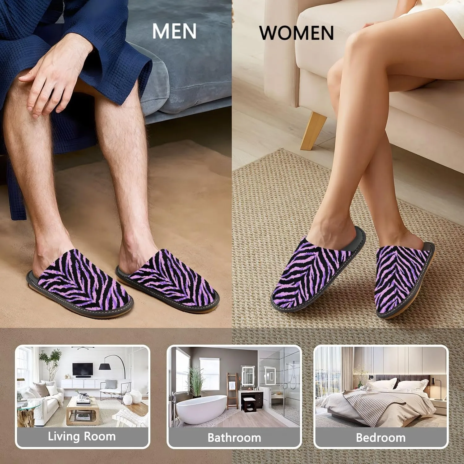 Unisex Exotic Wild Purple Black Zebra Women's Cosy Slip-On Slippers,Casual Breathable Memory Foam Scuff Lazy Mens House Shoes for Leisure Indoor/Outdoor Size 4-11