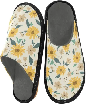 Unisex Yellow Flowers Leaves Pattern Women's Cosy Slip-On Slippers,Casual Breathable Memory Foam Scuff Lazy Mens House Shoes for Leisure Indoor/Outdoor Size 4-11