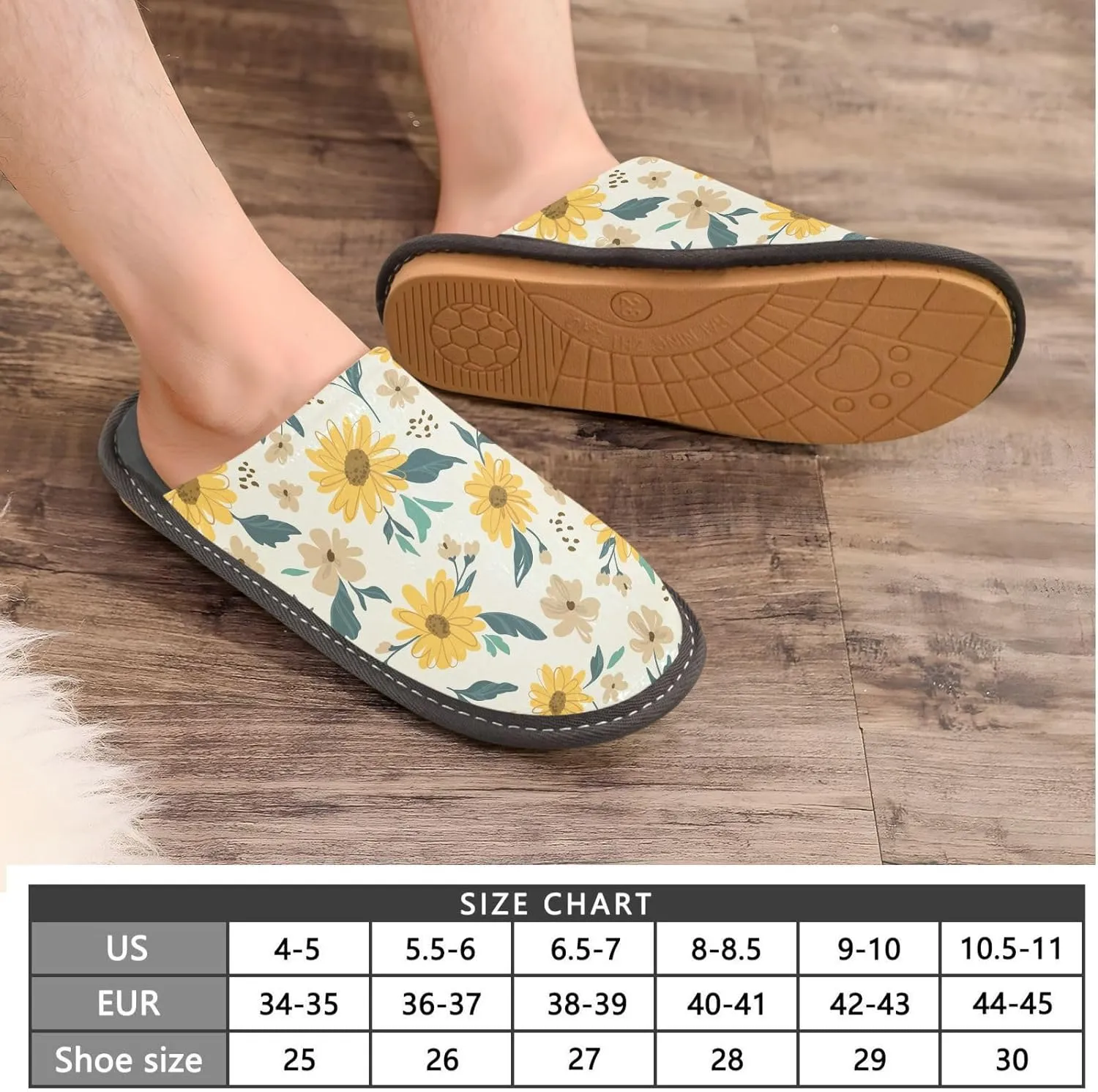 Unisex Yellow Flowers Leaves Pattern Women's Cosy Slip-On Slippers,Casual Breathable Memory Foam Scuff Lazy Mens House Shoes for Leisure Indoor/Outdoor Size 4-11