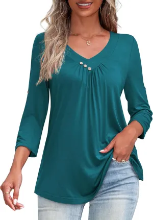U.Vomade Women's 3/4 Sleeve Plus Size Tops Loose V Neck Blouses for Women L-4X