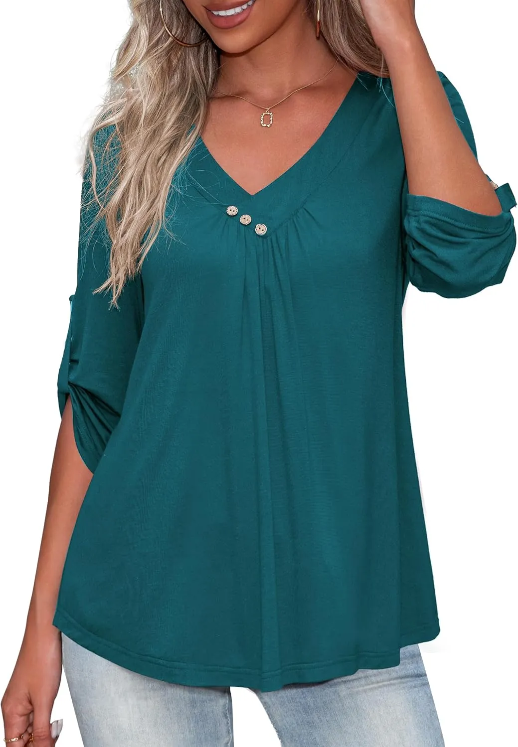 U.Vomade Women's 3/4 Sleeve Plus Size Tops Loose V Neck Blouses for Women L-4X