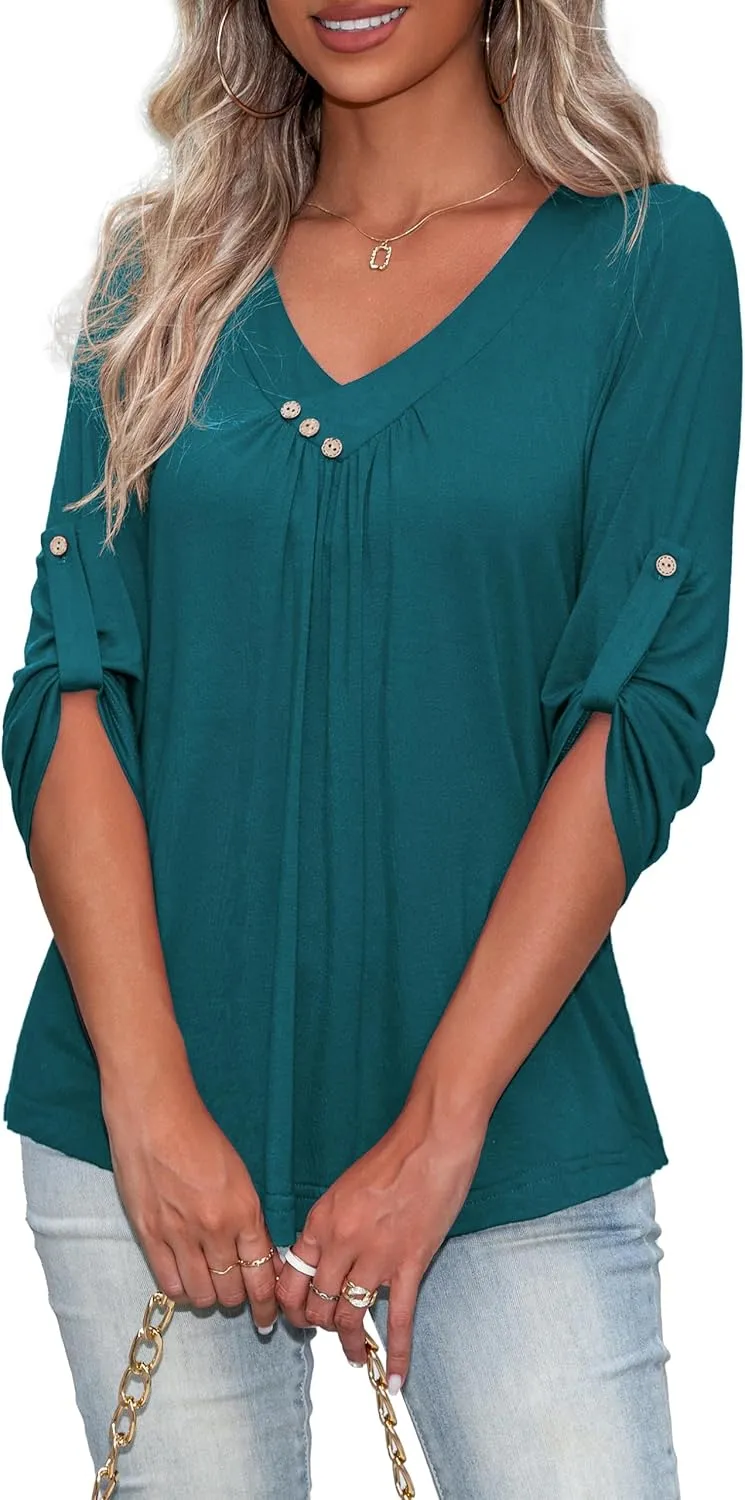 U.Vomade Women's 3/4 Sleeve Plus Size Tops Loose V Neck Blouses for Women L-4X