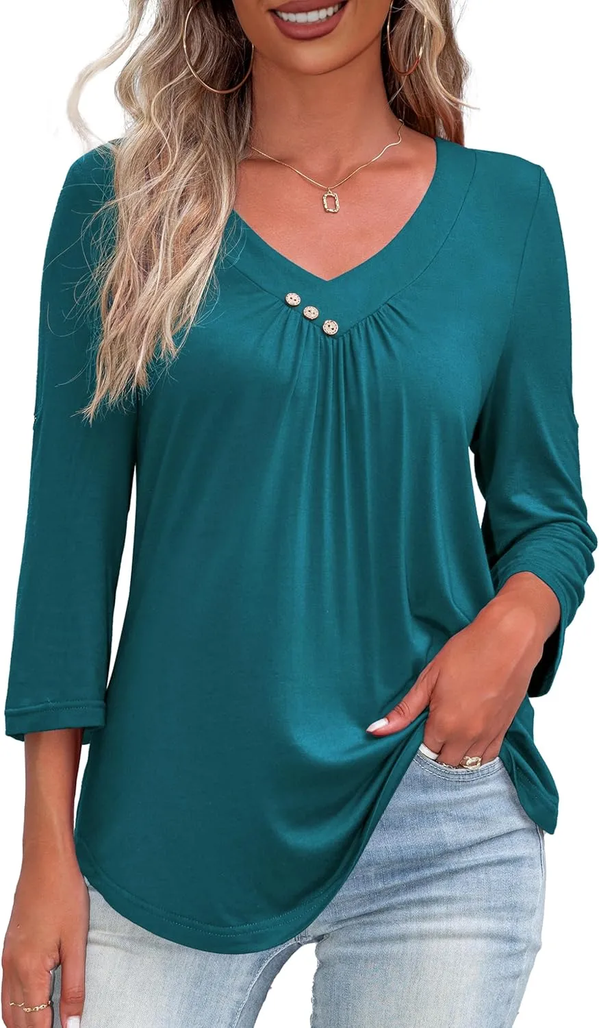 U.Vomade Women's 3/4 Sleeve Plus Size Tops Loose V Neck Blouses for Women L-4X
