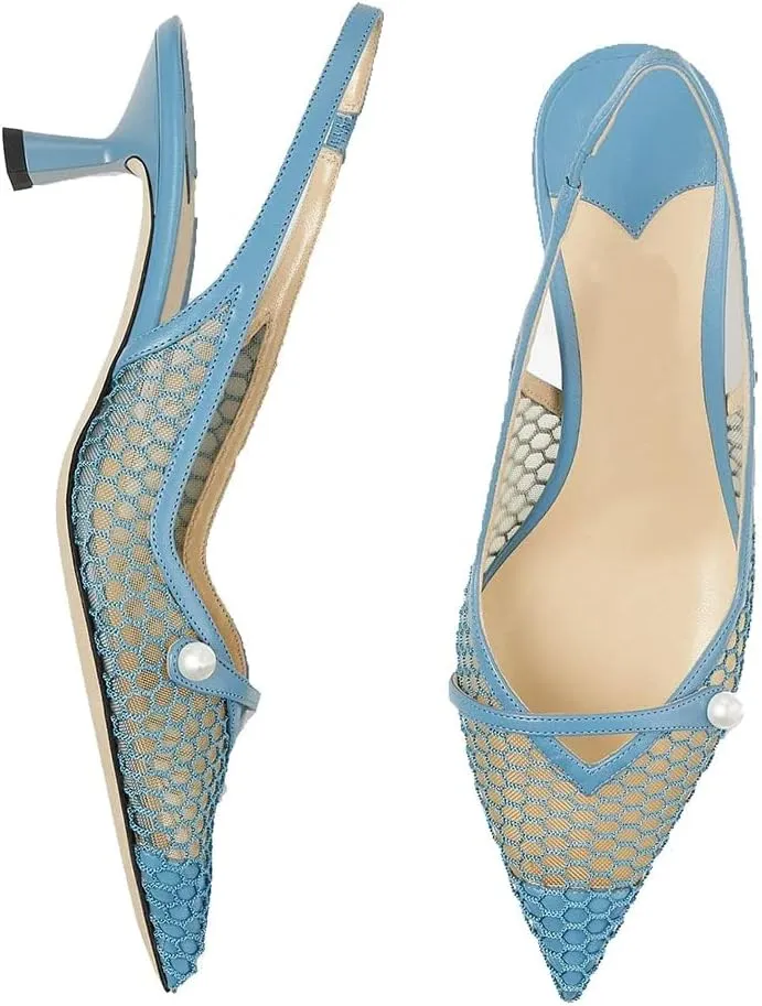 Vaslemuse Women Slingback Kitten Heel Pumps Mesh Pointy Toe Dress Bridal Sandals Slip on Wedding Shoes