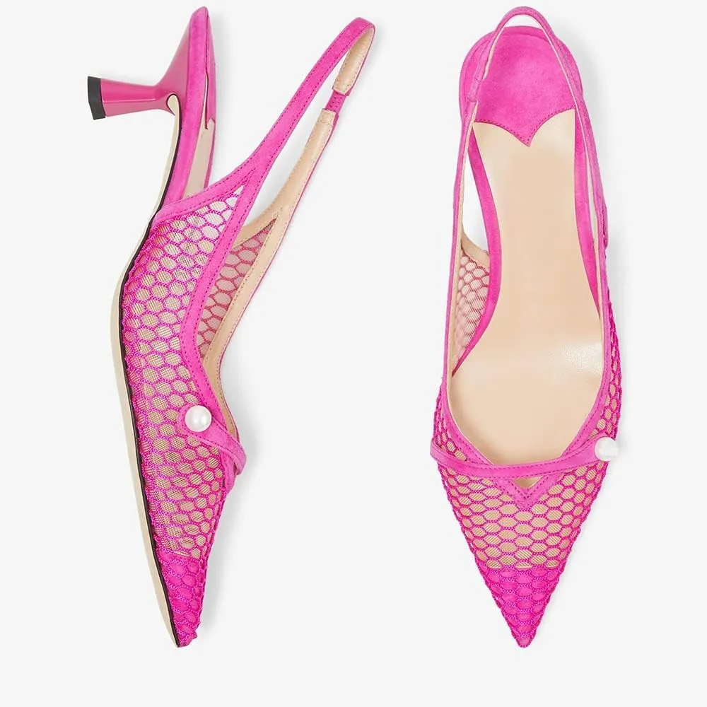 Vaslemuse Women Slingback Kitten Heel Pumps Mesh Pointy Toe Dress Bridal Sandals Slip on Wedding Shoes