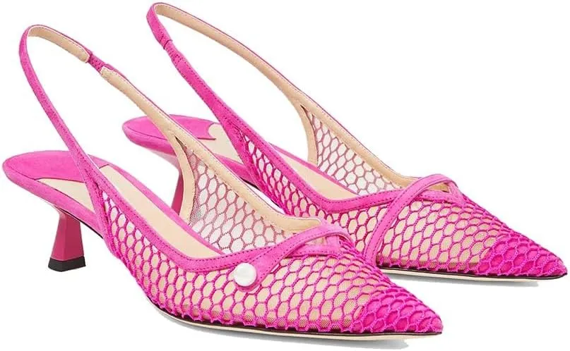 Vaslemuse Women Slingback Kitten Heel Pumps Mesh Pointy Toe Dress Bridal Sandals Slip on Wedding Shoes