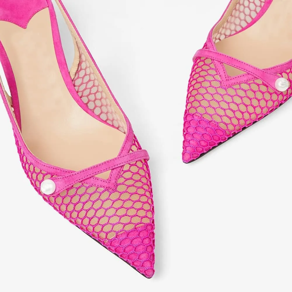 Vaslemuse Women Slingback Kitten Heel Pumps Mesh Pointy Toe Dress Bridal Sandals Slip on Wedding Shoes