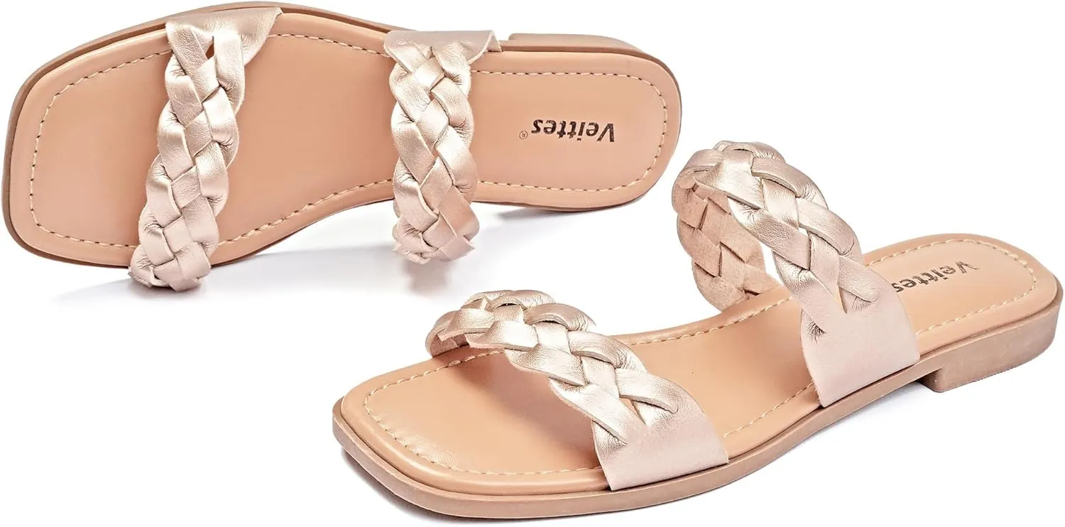 Veittes Women's Flat Slide Sandals - Casual Classic Simple Strappy Slip on Flat Summer Sandals.