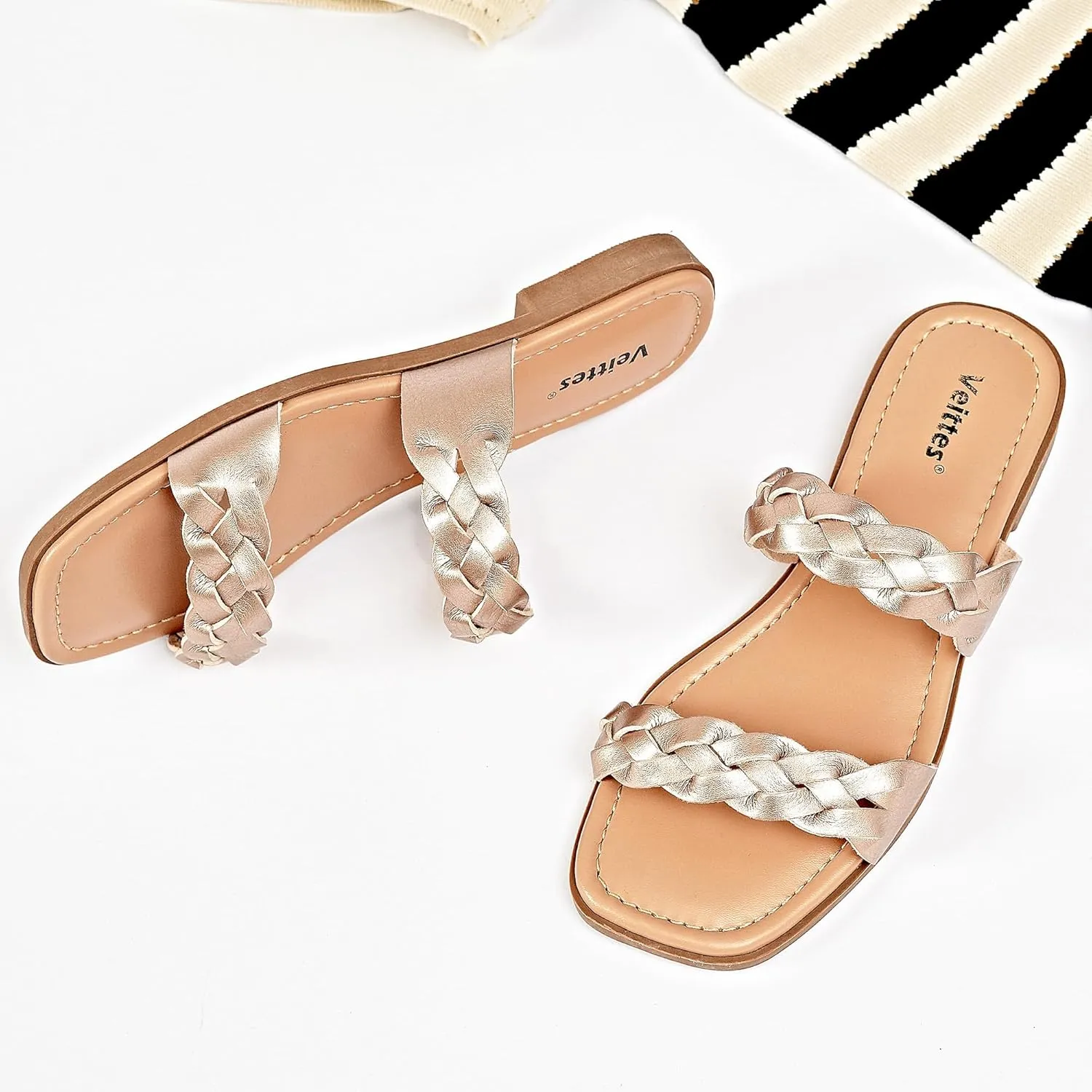 Veittes Women's Flat Slide Sandals - Casual Classic Simple Strappy Slip on Flat Summer Sandals.