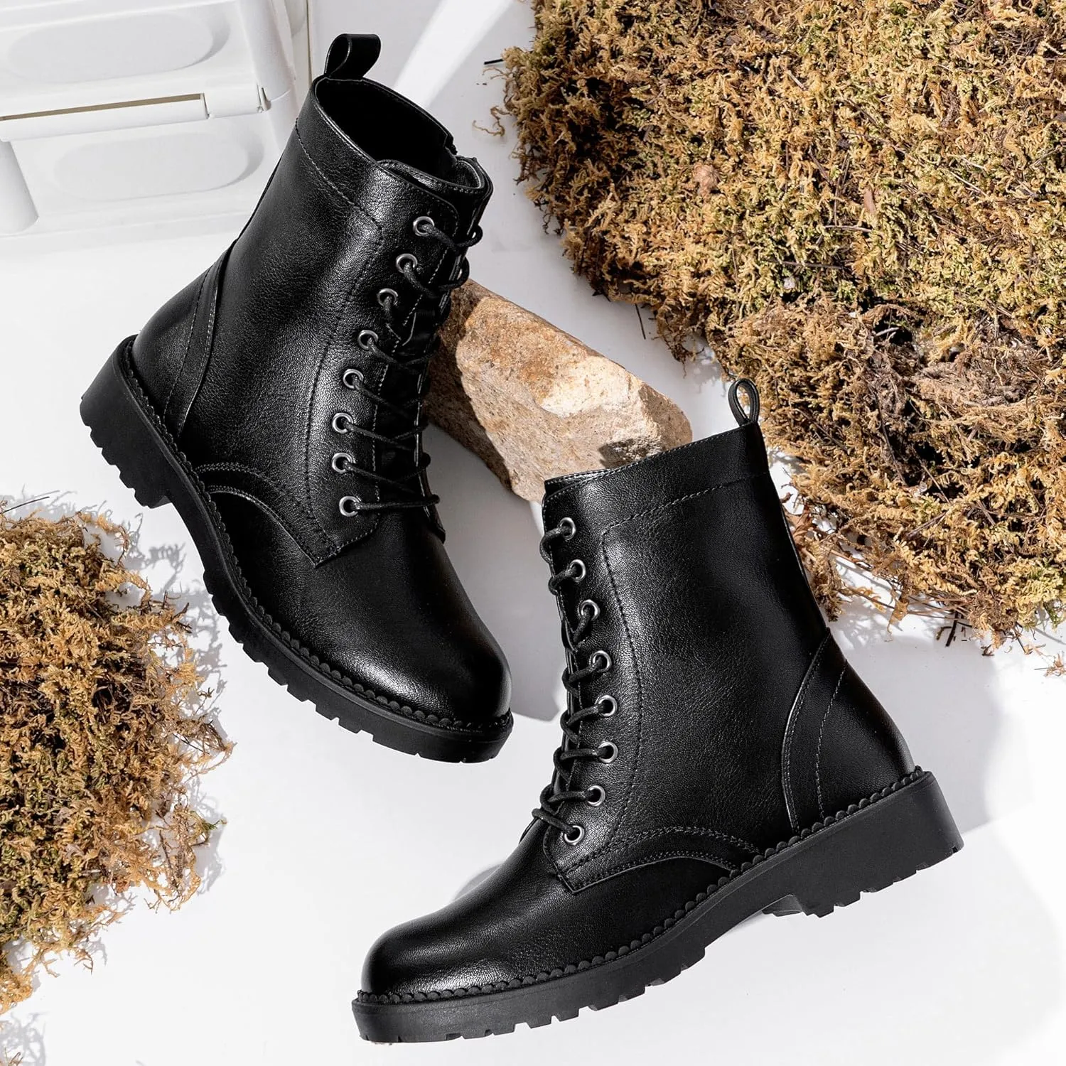 Vepose Women's Combat Ankle Black Flat Boots, Military Fashion 925 Booties Inner Zipper