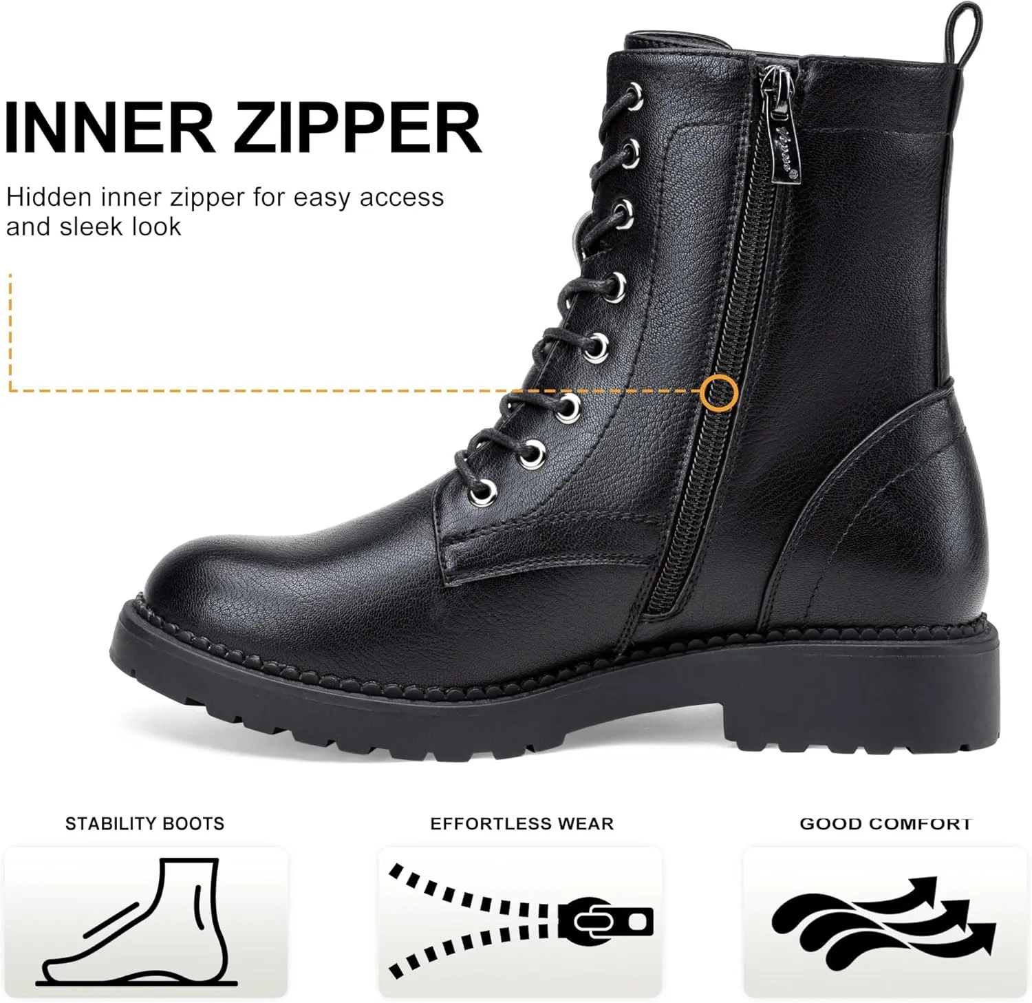 Vepose Women's Combat Ankle Black Flat Boots, Military Fashion 925 Booties Inner Zipper