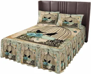 Vintage Bird Cage Bed Skirt Sheet Set 1 Bed Sheet & 2 Pillowcases, Bed Skirt King Size 18 Inch Drop, Retro Floral Pattern Wrap Around Bed Skirts, Bedding Dust Ruffle Skirt Bedspread