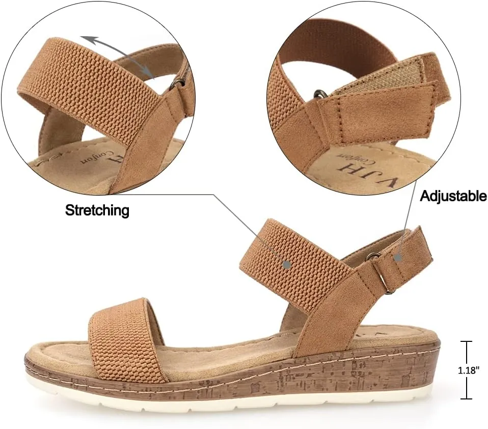 VJH confort Women’s Flat Sandals Open Toe Elastic Ankle Strap Slip on Comfy Low Wedge Sandals