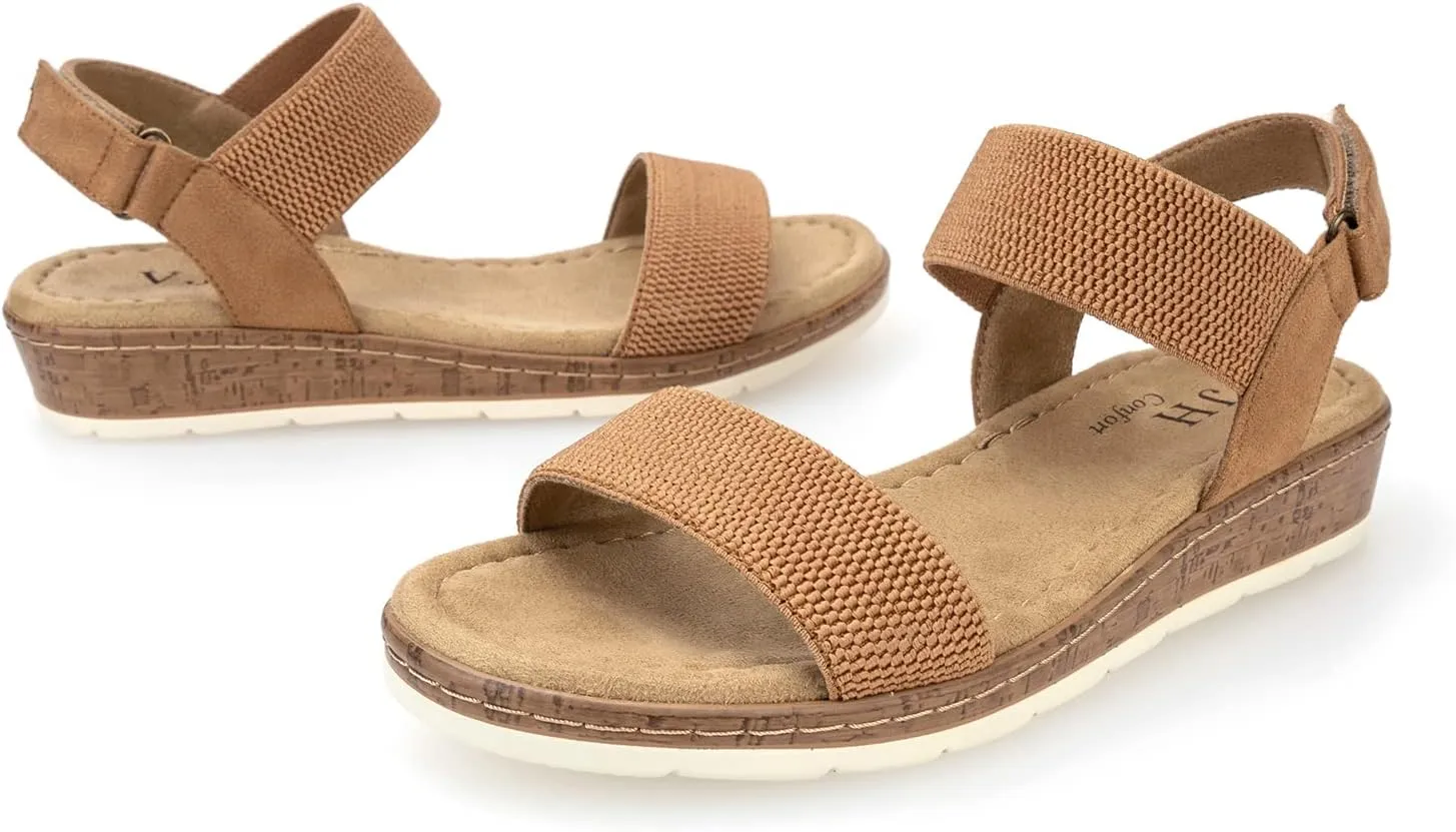 VJH confort Women’s Flat Sandals Open Toe Elastic Ankle Strap Slip on Comfy Low Wedge Sandals