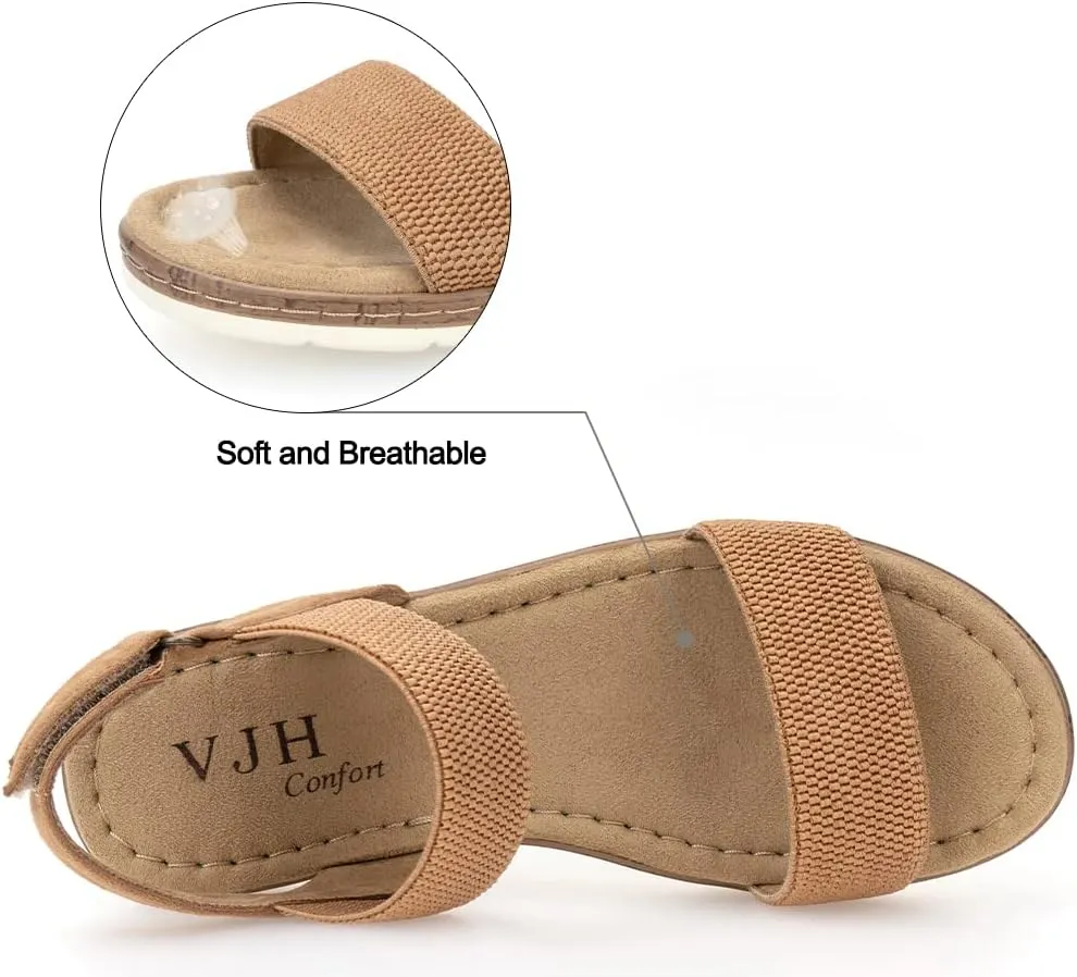 VJH confort Women’s Flat Sandals Open Toe Elastic Ankle Strap Slip on Comfy Low Wedge Sandals