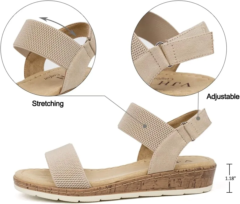 VJH confort Women’s Flat Sandals Open Toe Elastic Ankle Strap Slip on Comfy Low Wedge Sandals