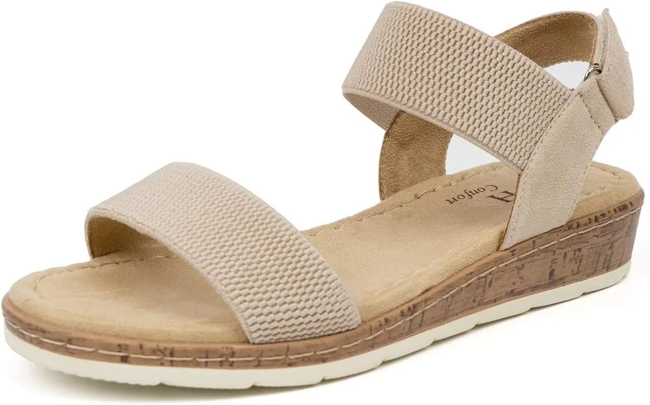 VJH confort Women’s Flat Sandals Open Toe Elastic Ankle Strap Slip on Comfy Low Wedge Sandals