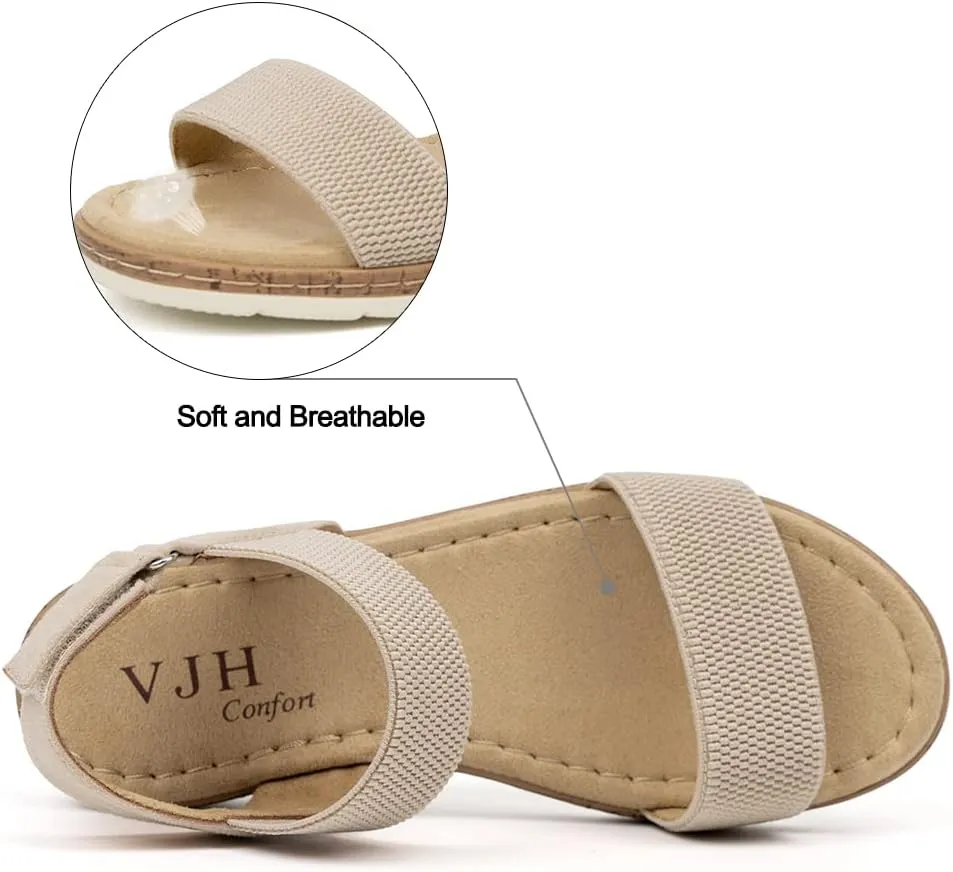 VJH confort Women’s Flat Sandals Open Toe Elastic Ankle Strap Slip on Comfy Low Wedge Sandals