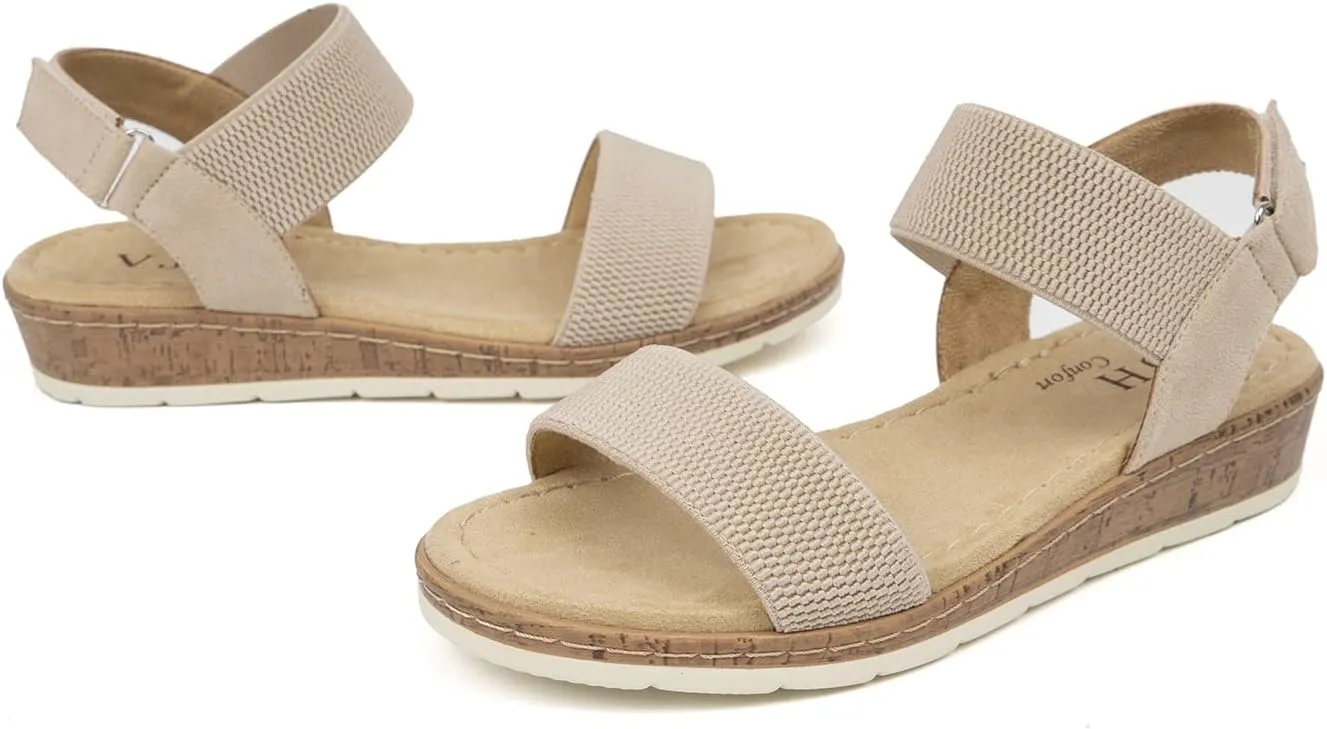 VJH confort Women’s Flat Sandals Open Toe Elastic Ankle Strap Slip on Comfy Low Wedge Sandals