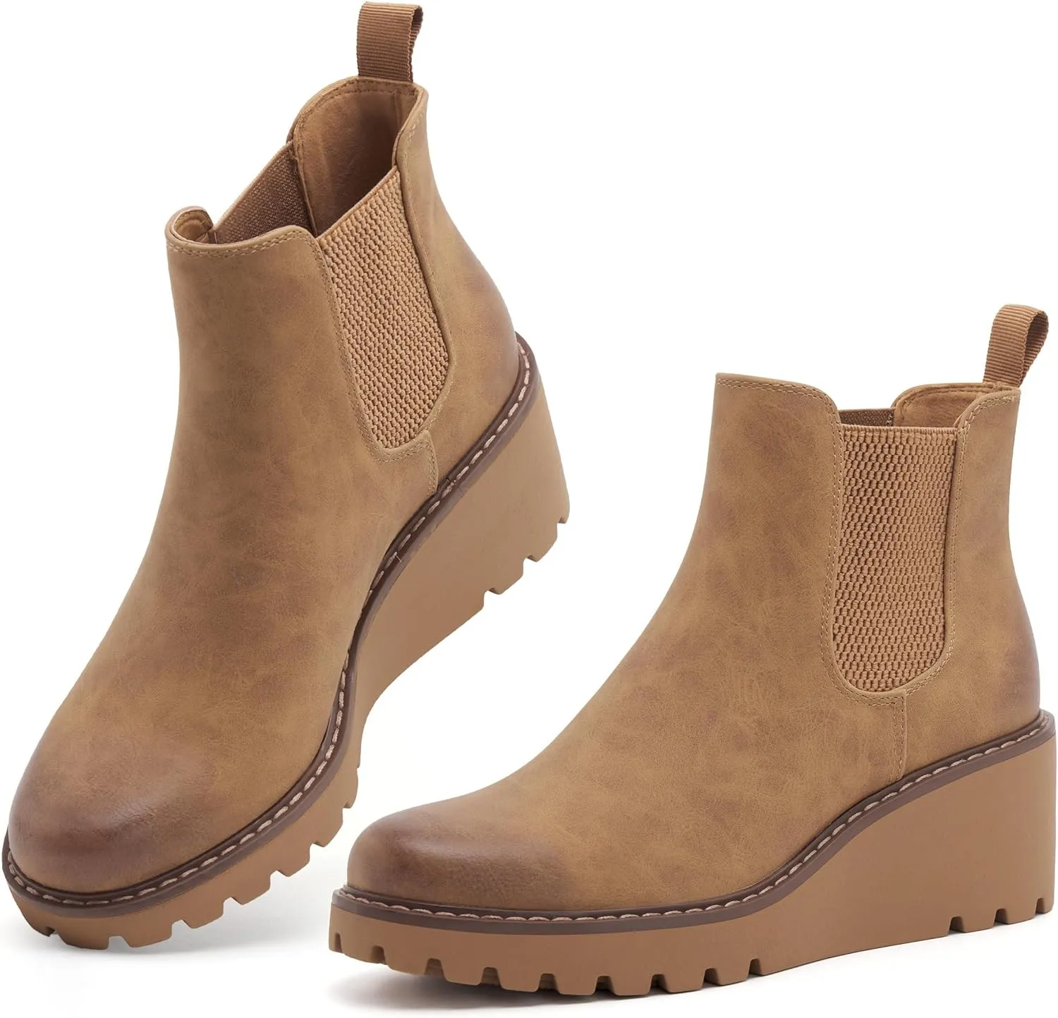 vodvob Women's Ankle Boots Wedge Platform Booties Elastic Chelsea Boots Slip On Shoes
