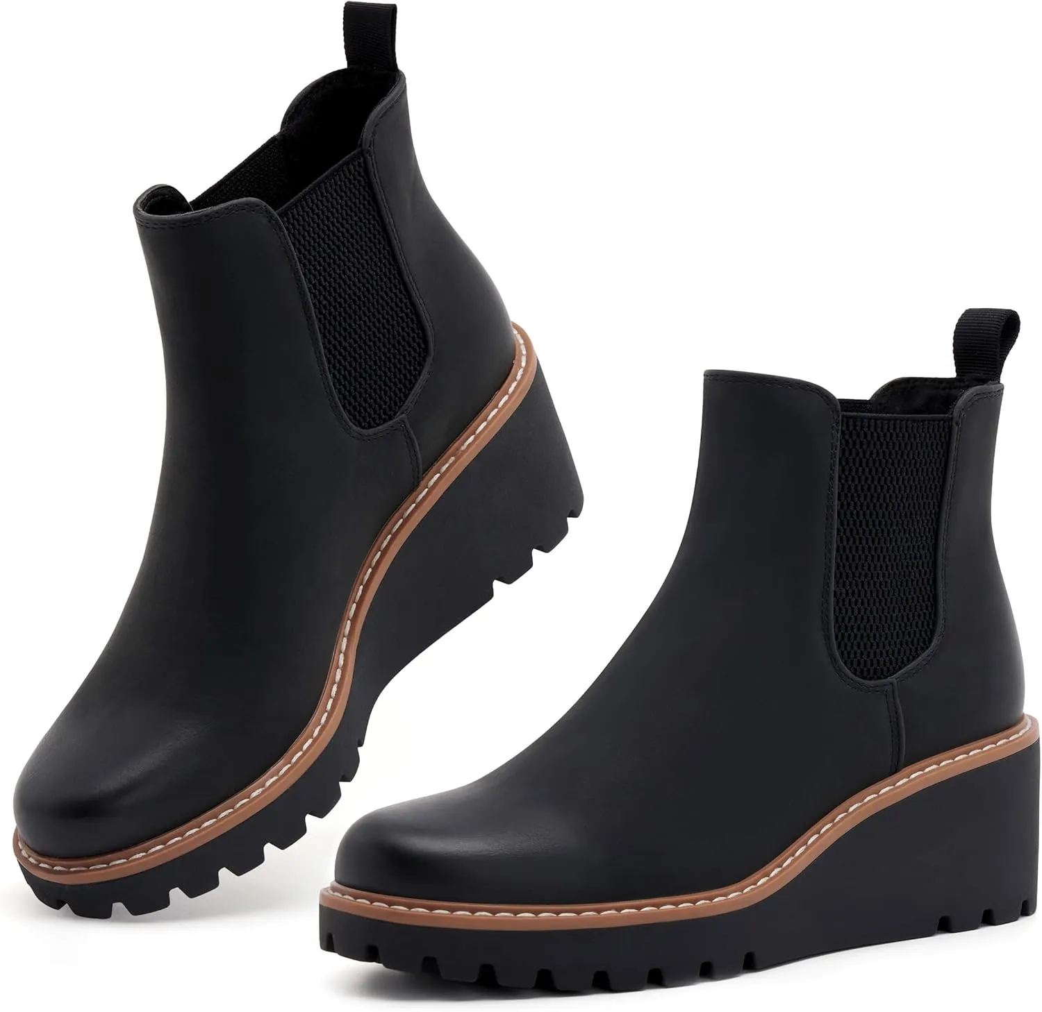 vodvob Women's Ankle Boots Wedge Platform Booties Elastic Chelsea Boots Slip On Shoes