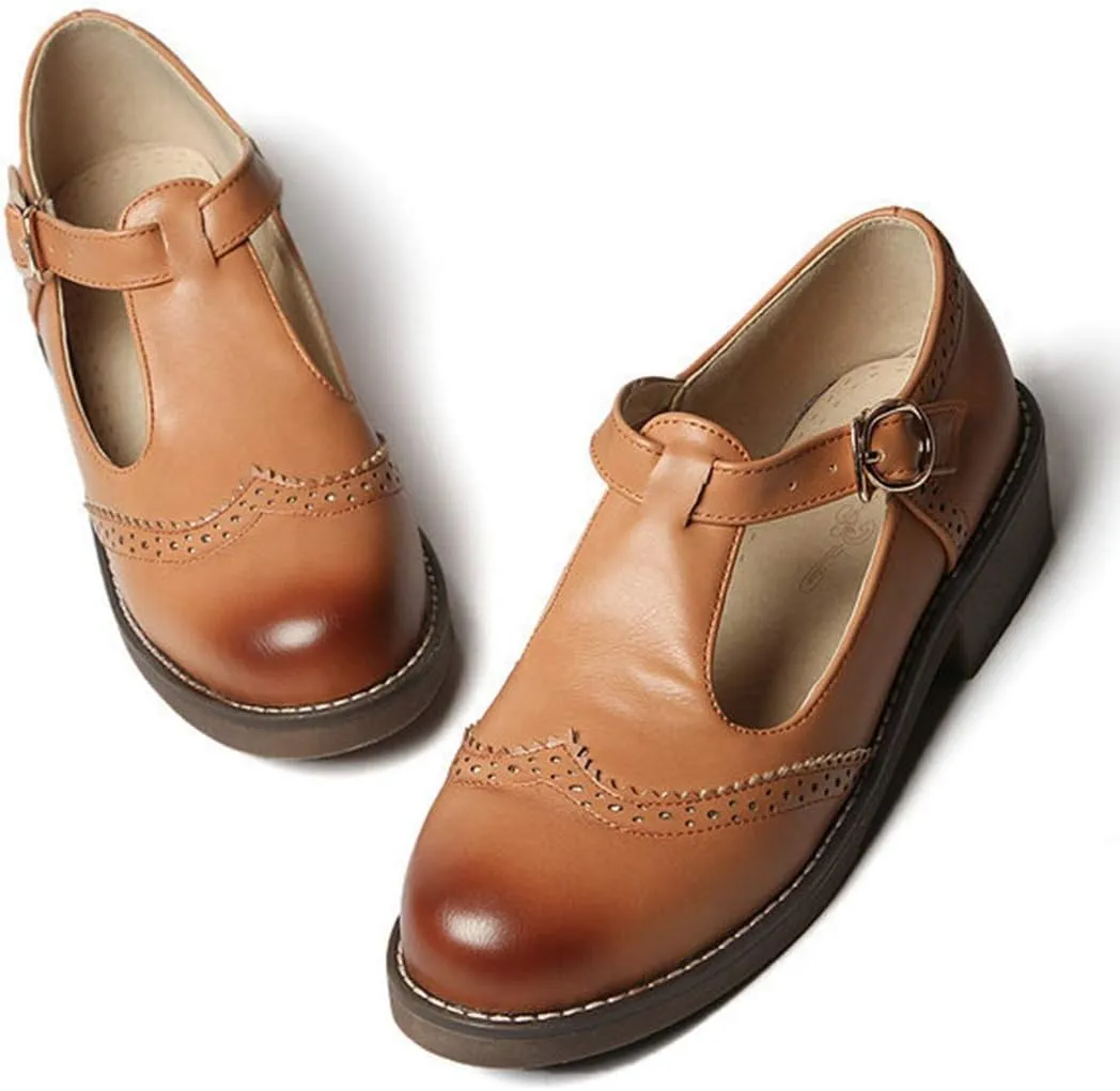 VOKLIN Women's Vintage T-Strap Mary Jane Pumps Round Toe Flat Low Heel Brogues School Uniform Oxford Shoes
