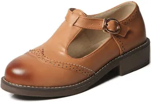 VOKLIN Women's Vintage T-Strap Mary Jane Pumps Round Toe Flat Low Heel Brogues School Uniform Oxford Shoes