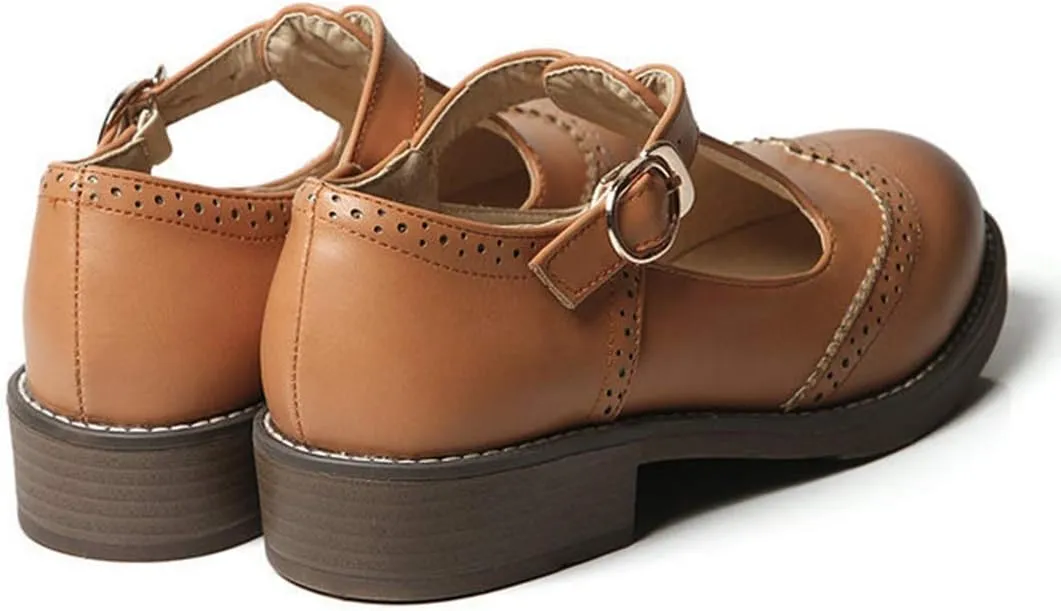 VOKLIN Women's Vintage T-Strap Mary Jane Pumps Round Toe Flat Low Heel Brogues School Uniform Oxford Shoes