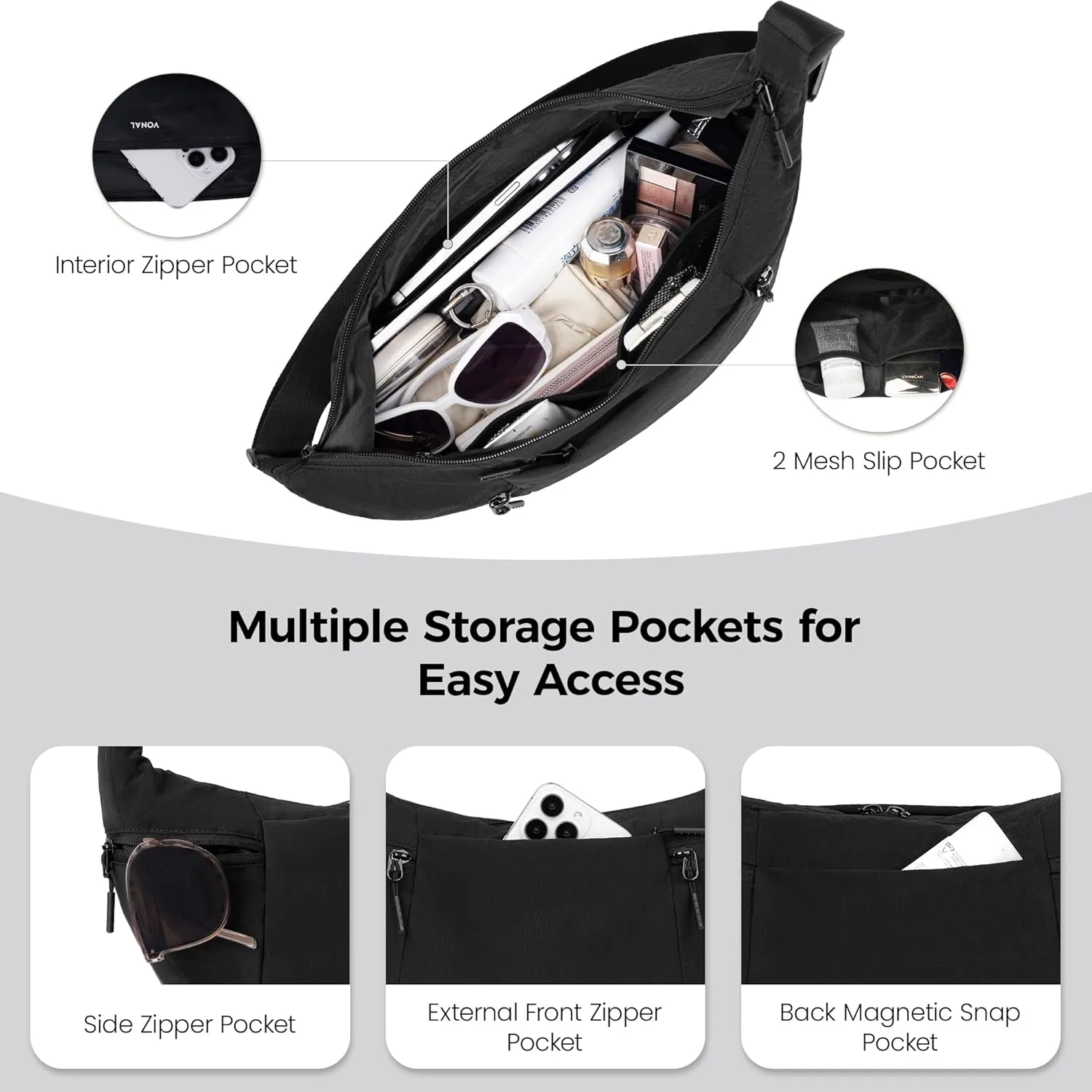 VONAL Nylon Crossbody Bag for Women, Lightweight Shoulder Purse with Zipper, Trendy Crescent Sling Bag with Adjustable Stap