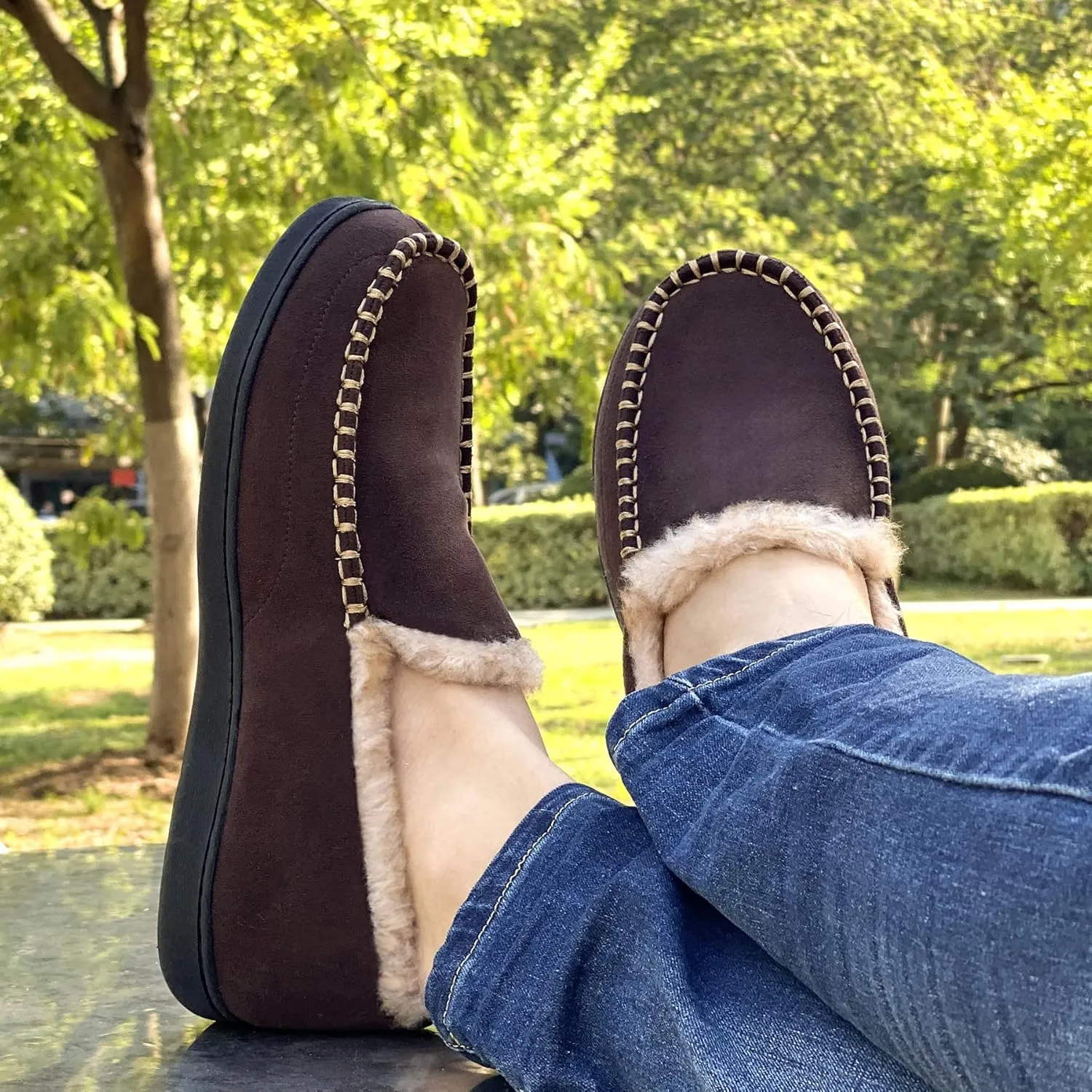 VONMAY Men's Moccasin Slippers Fuzzy House Shoes Fluffy Fur Home Warm Memory Foam Indoor Outdoor