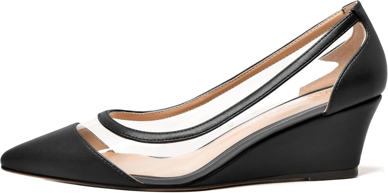 WAYDERNS Womens PVC Matte Bridal Pointed Toe Clear Slip On Sexy Wedge Low Heel Pumps Shoes 2 Inch