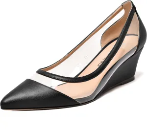 WAYDERNS Womens PVC Matte Bridal Pointed Toe Clear Slip On Sexy Wedge Low Heel Pumps Shoes 2 Inch