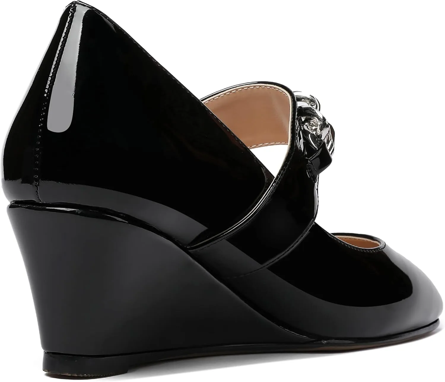 WAYDERNS Women's Slip-on Patent Lace Up Metal Chain Square Toe Mary Jane Wedge Low Heel Pumps Shoes 2 Inch