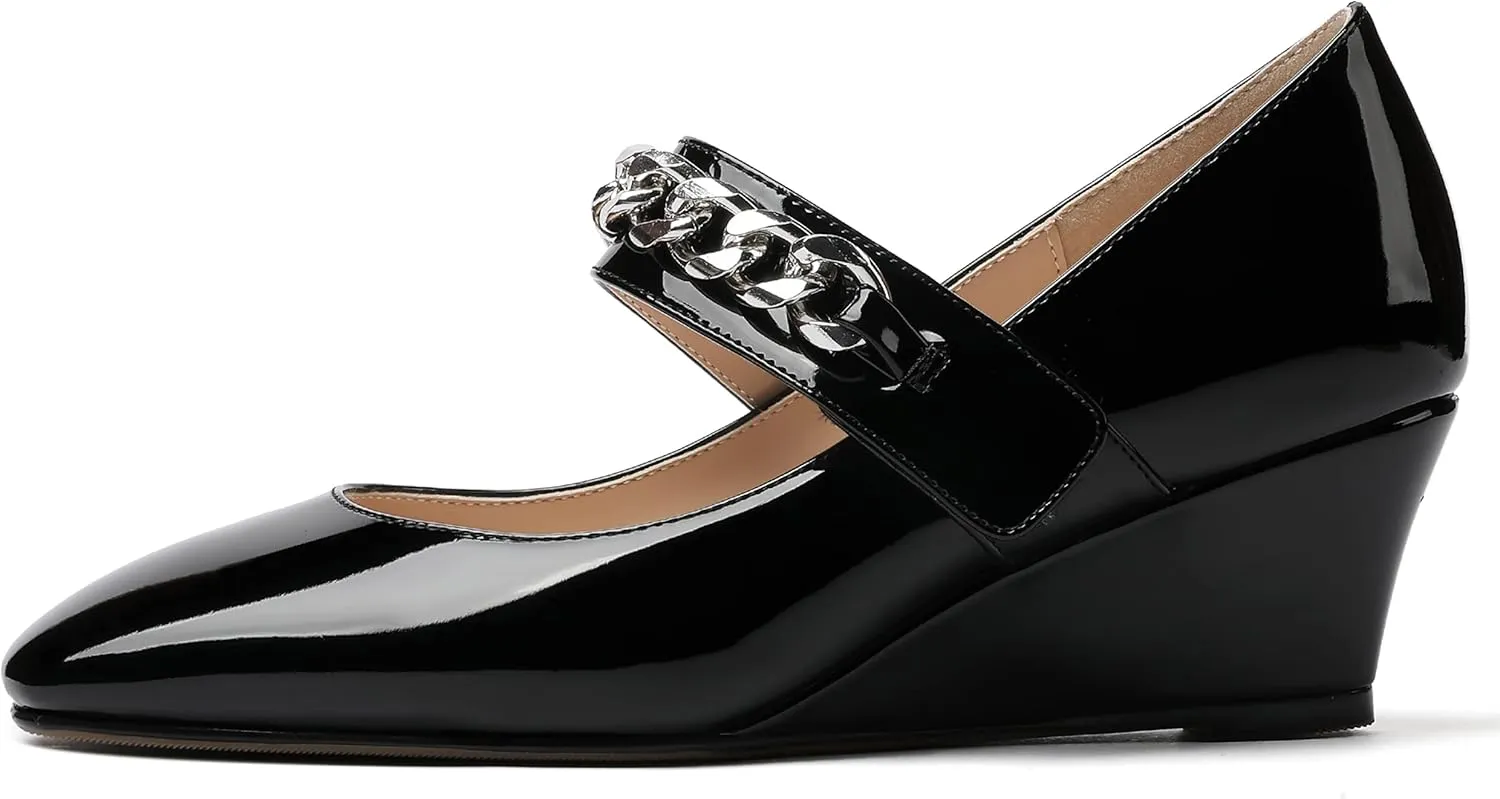 WAYDERNS Women's Slip-on Patent Lace Up Metal Chain Square Toe Mary Jane Wedge Low Heel Pumps Shoes 2 Inch