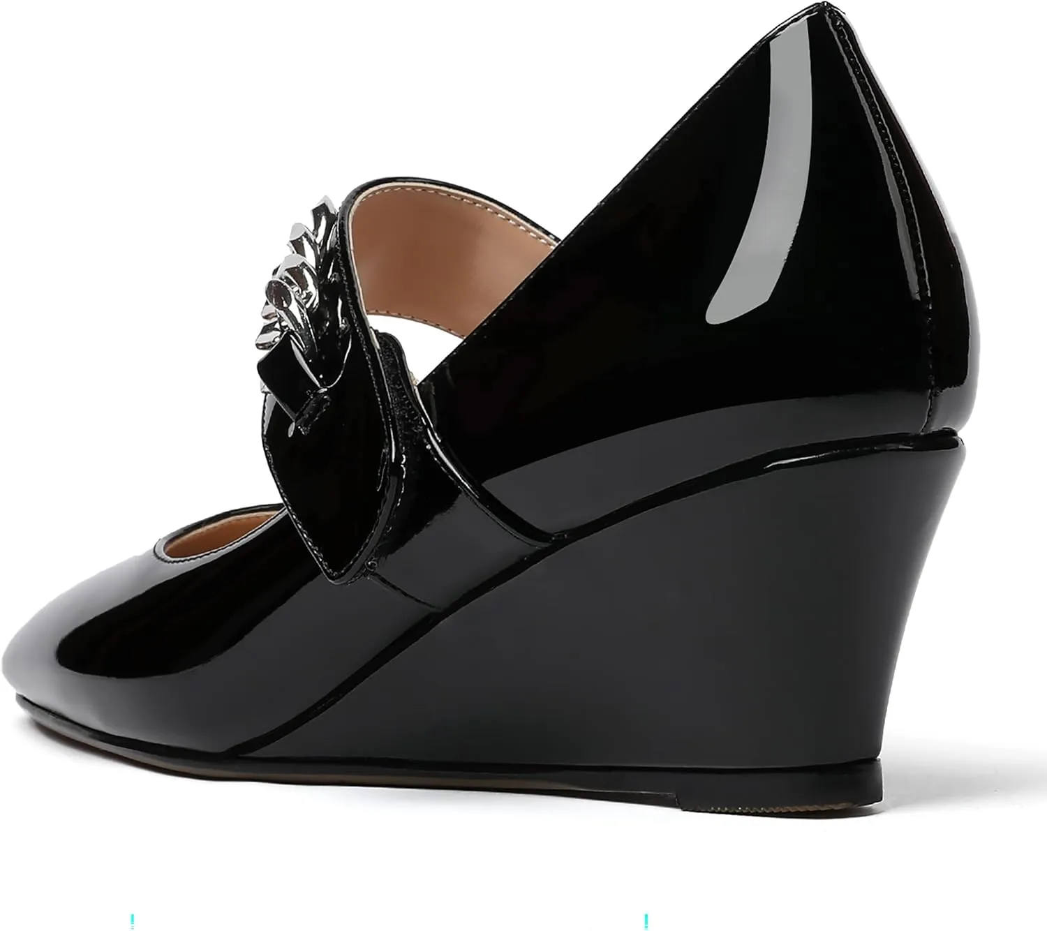 WAYDERNS Women's Slip-on Patent Lace Up Metal Chain Square Toe Mary Jane Wedge Low Heel Pumps Shoes 2 Inch