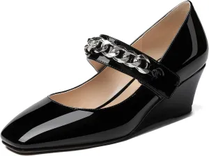 WAYDERNS Women's Slip-on Patent Lace Up Metal Chain Square Toe Mary Jane Wedge Low Heel Pumps Shoes 2 Inch