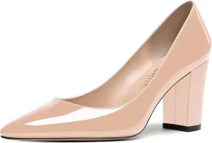 WAYDERNS Women's Solid Slip On Pointed Toe Patent Block High Heel Pumps Shoes 3.5 Inch