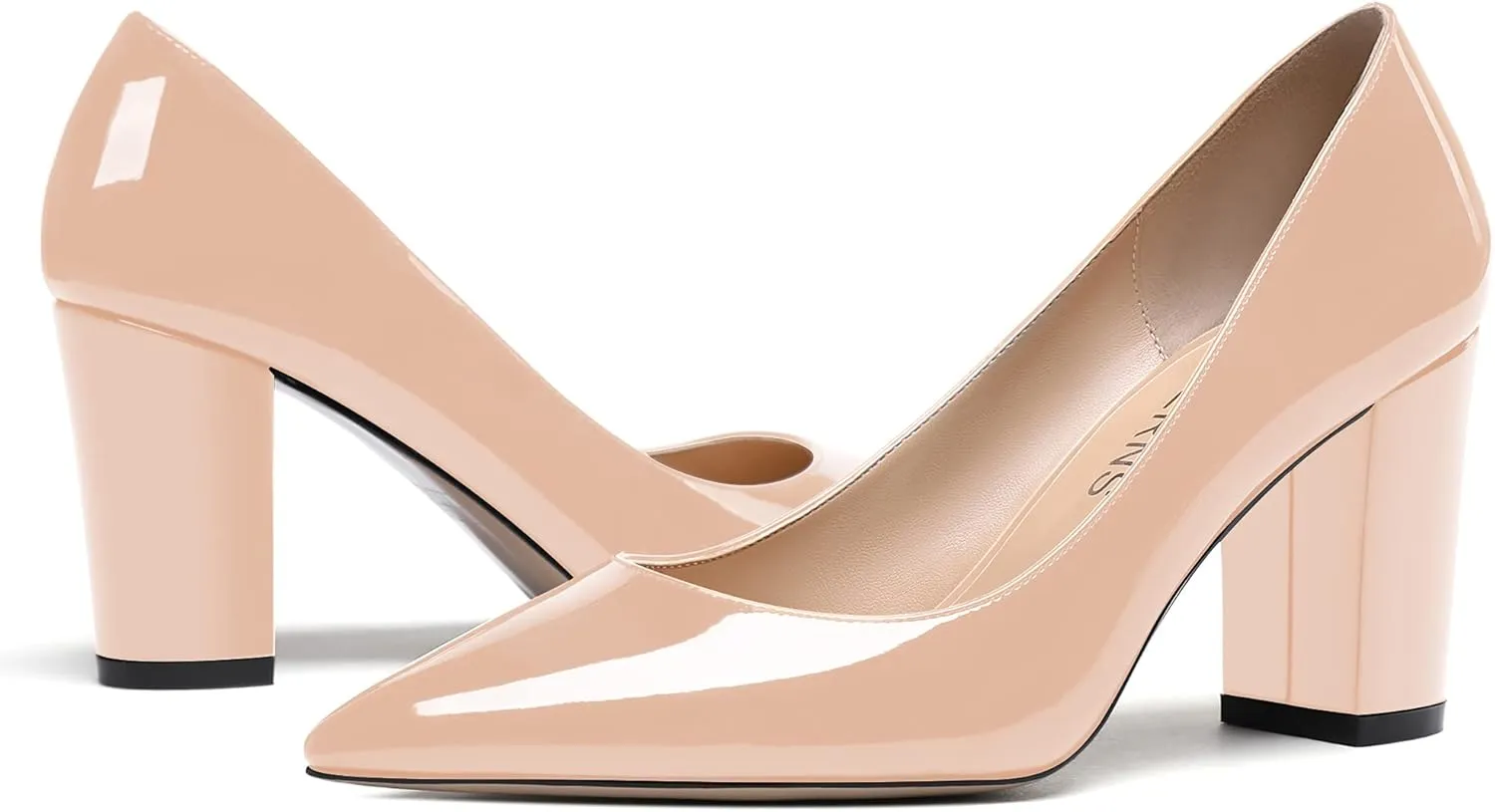 WAYDERNS Women's Solid Slip On Pointed Toe Patent Block High Heel Pumps Shoes 3.5 Inch