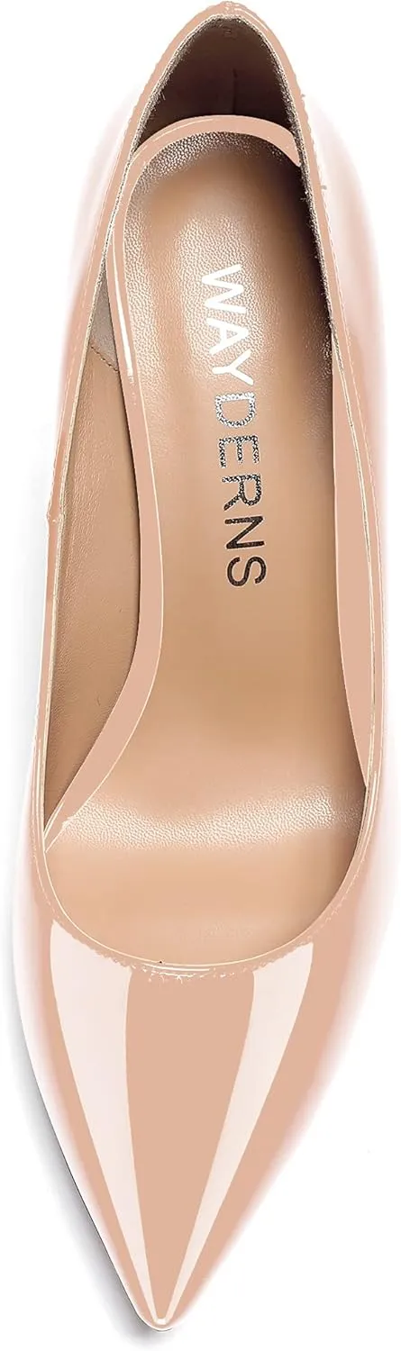WAYDERNS Women's Solid Slip On Pointed Toe Patent Block High Heel Pumps Shoes 3.5 Inch