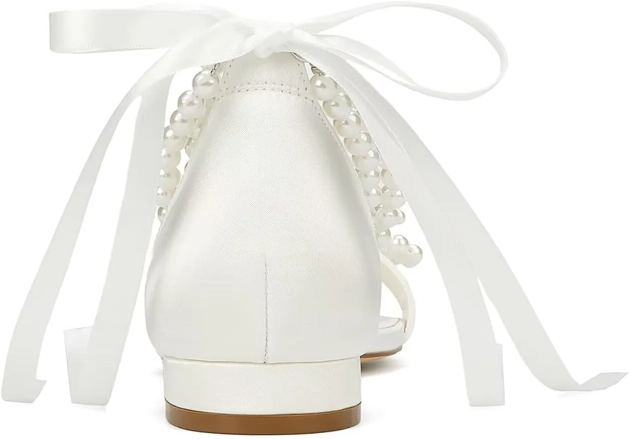 Wedding Flats Pearl Sandals Flat Wedding Shoes for Bride Open Toe Bridal Flats