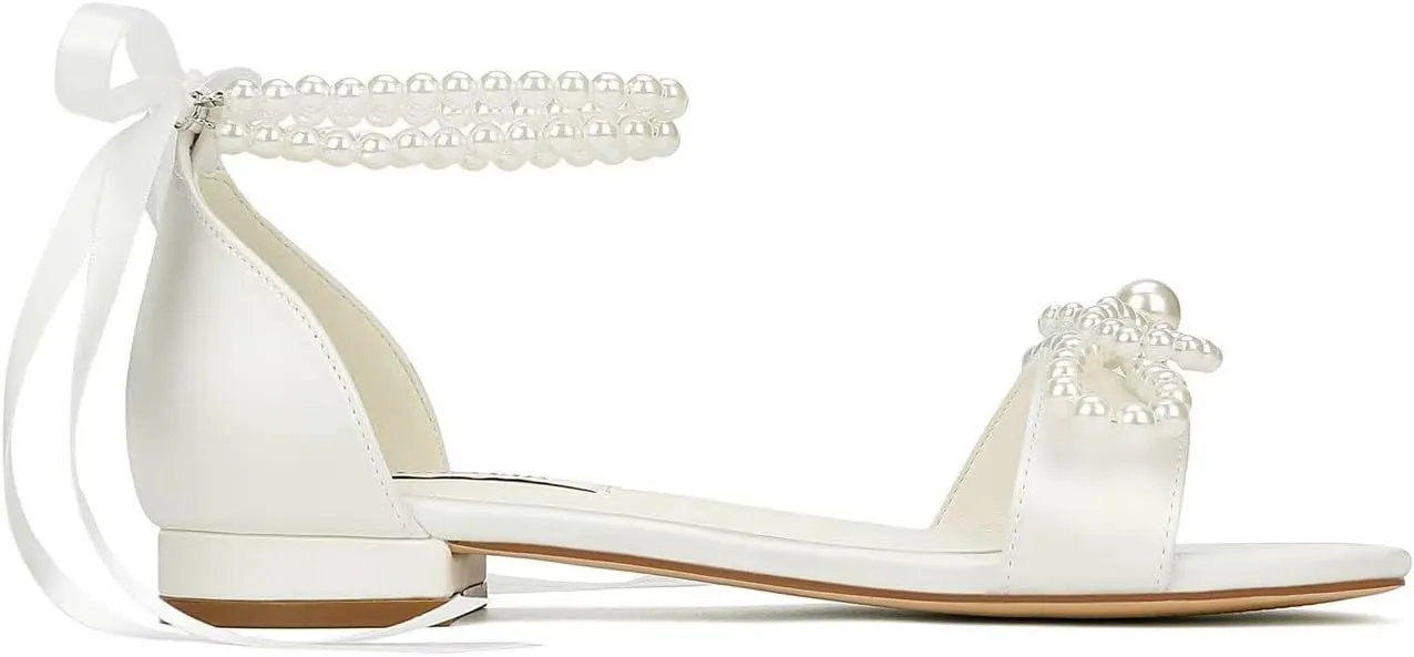 Wedding Flats Pearl Sandals Flat Wedding Shoes for Bride Open Toe Bridal Flats