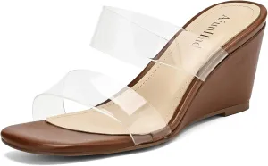Wedge Sandals for Women Square Open Toe Wedge Heels Clear Two Strap Slip on Sandals Glitter Heels Transparent Slides Shoes