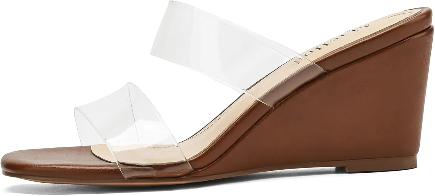 Wedge Sandals for Women Square Open Toe Wedge Heels Clear Two Strap Slip on Sandals Glitter Heels Transparent Slides Shoes