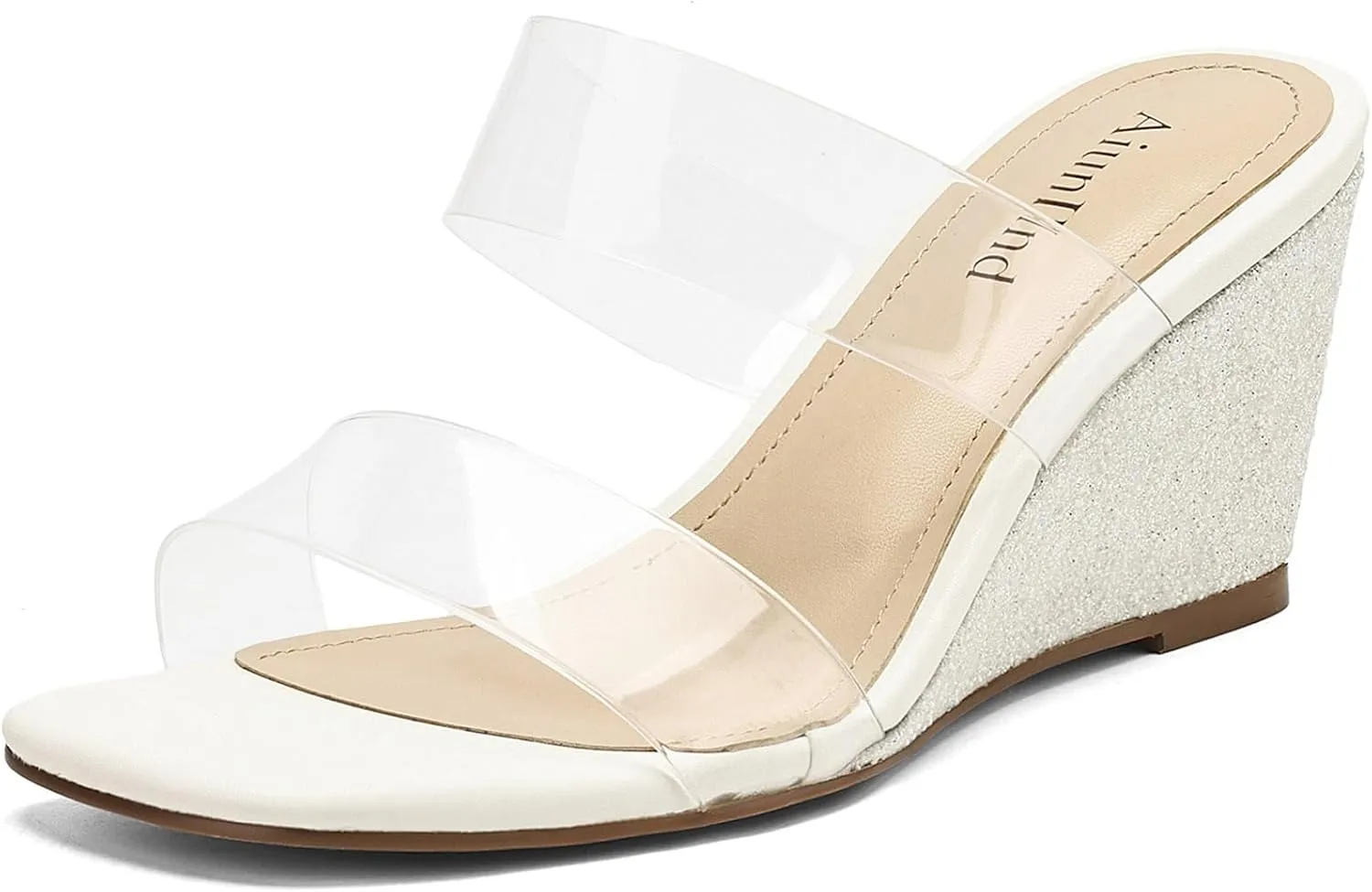 Wedge Sandals for Women Square Open Toe Wedge Heels Clear Two Strap Slip on Sandals Glitter Heels Transparent Slides Shoes